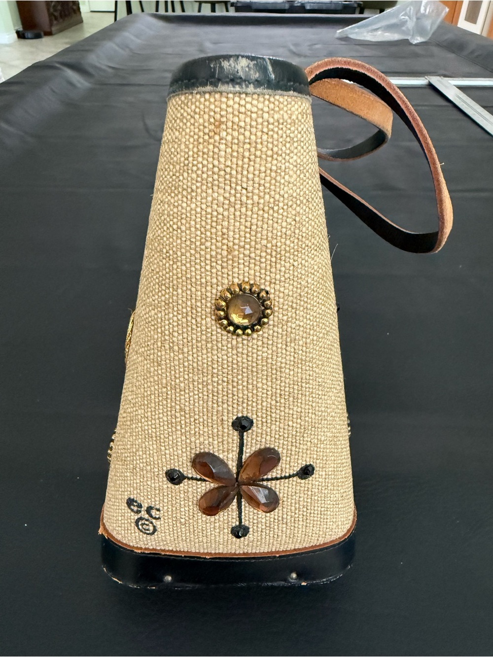 Vintage Enid Collins “Roadrunner” Beige and Black Embellished Tote Bag - Picture 2 of 14